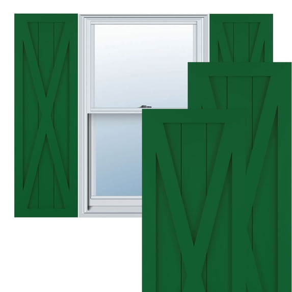 12"W x 47"H True Fit PVC Single X-Board Farmhouse Fixed Mount Shutters, Viridian Green (Per Pair - Hardware Not Included)