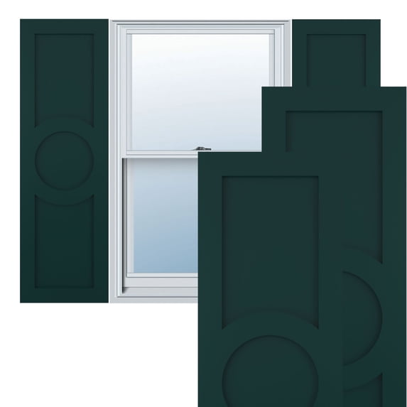 12"W x 49"H True Fit PVC Center Circle Arts & Crafts Fixed Mount Shutters, Thermal Green (Per Pair - Hardware Not Included)