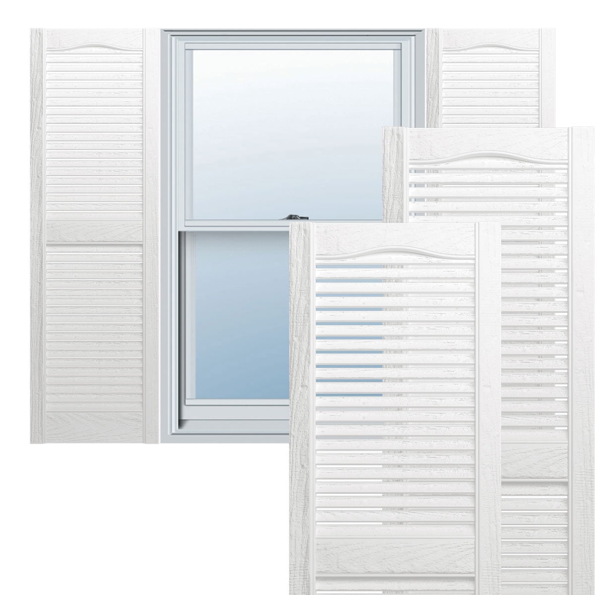 12"W x 56"H Lifetime Vinyl, TailorMade Cathedral Top Center Mullion, Open Louver Shutters, w/Shutter-Loks (Per Pair), Bright White