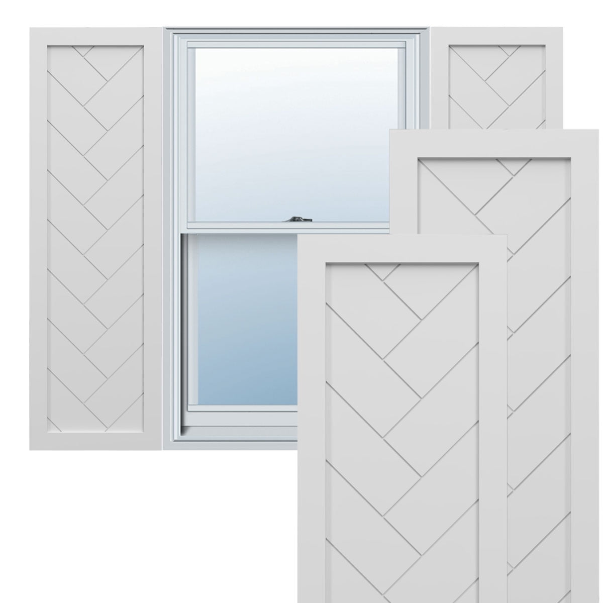 12"W x 57"H True Fit PVC Single Panel Herringbone Modern Style Fixed Mount Shutters, White (Per Pair - Hardware Not Included)