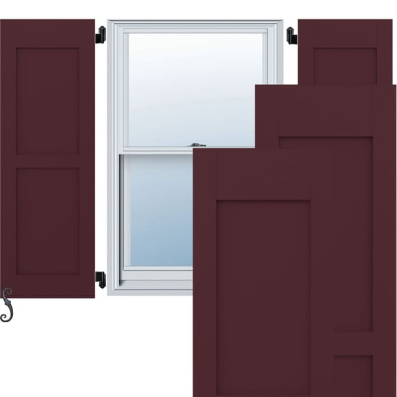 12"W x 66"H Americraft Two Equal Flat Panel Exterior Real Wood Shutters (Per Pair), Wine Red