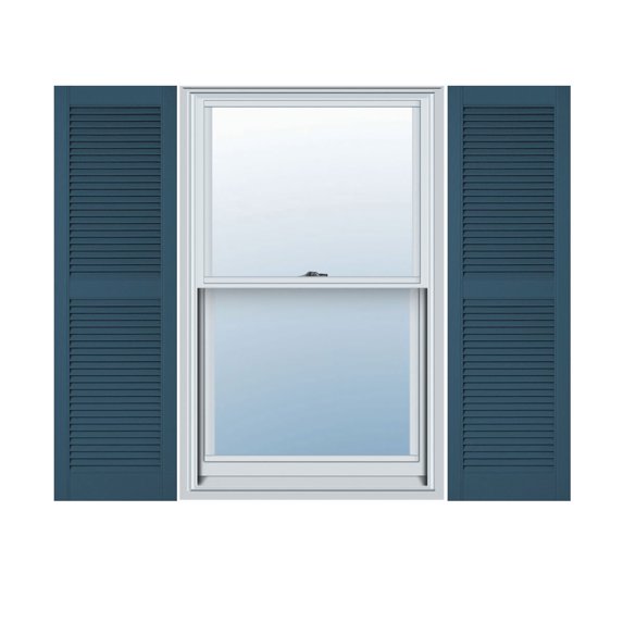 12"W x 73"H Lifetime Vinyl, Custom Straight Top Center Mullion, Open Louver Shutters, Classic Blue