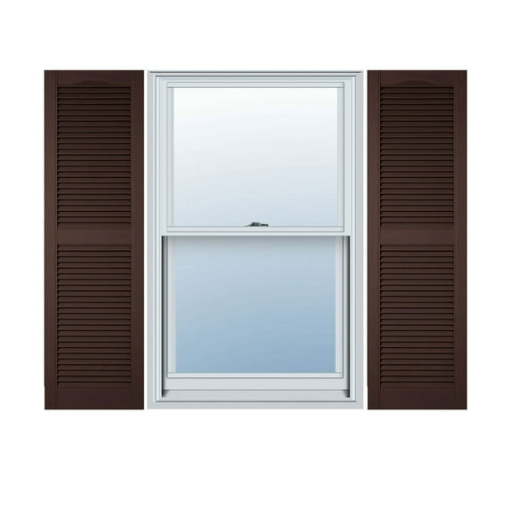 12"W x 79"H Lifetime Vinyl, Custom Cathedral Top Center Mullion, Open Louver Shutters, w/Shutter-Loks (Per Pair), Federal Brown