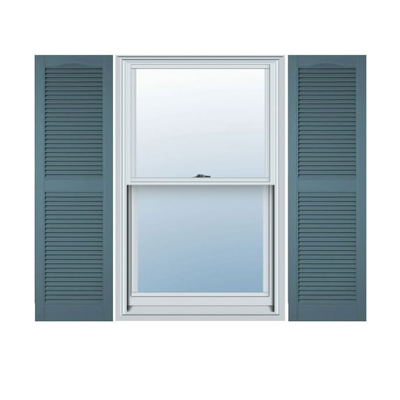 12"W x 81"H Lifetime Vinyl, Custom Cathedral Top Center Mullion, Open Louver Shutters, w/Shutter-Loks (Per Pair), Wedgewood Blue