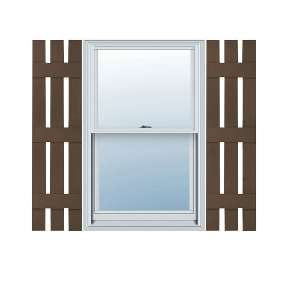 12"W x 83"H Lifetime Vinyl, Custom Three Board Spaced (3 Batten), Board-n-Batten Shutters, w/Shutter-Loks (Per Pair), Federal Brown