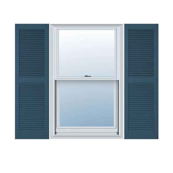 12"W x 85"H Lifetime Vinyl, Custom Straight Top Center Mullion, Open Louver Shutters, Classic Blue