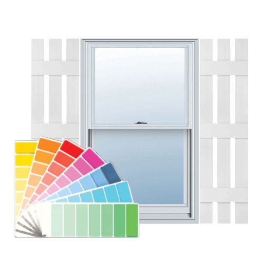 12"W x 85"H Lifetime Vinyl, Custom Three Board Spaced (3 Batten), Board-n-Batten Shutters, w/Shutter-Loks (Per Pair), Paintable