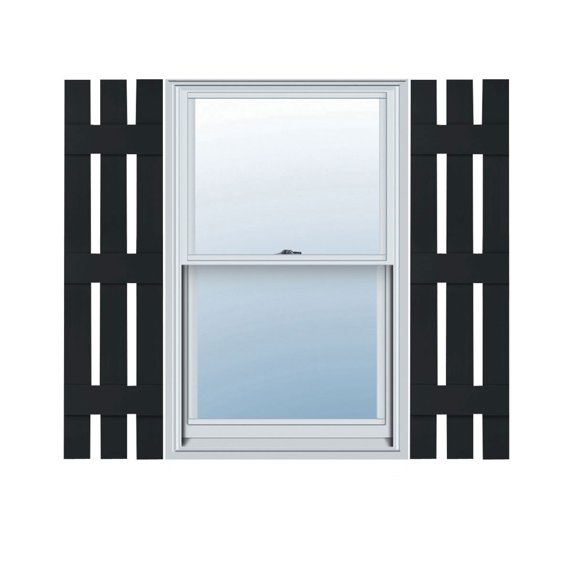 12"W x 89"H Lifetime Vinyl, Custom Three Board Spaced (3 Batten), Board-n-Batten Shutters, w/Shutter-Loks (Per Pair), Black
