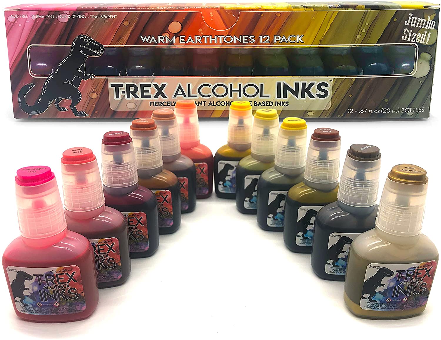 12 WARM EARTHtones Alcohol Ink Set, by T-Rex Inks only. Gorgeous colors. Alcohol Ink for Epoxy Resin Dye, Painting, Tumbler Making & More - Includes Storage Box & Metallic Gold Ink - 20ml Bottles