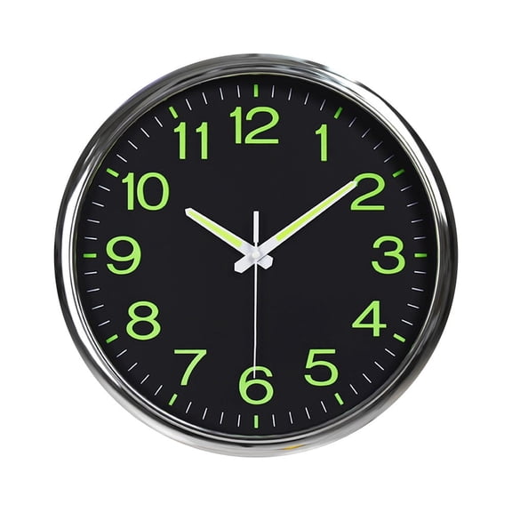 12'' Wall Clock Large Luminous Quartz Night Light Glow In The Dark Silent Home, Silver&Black