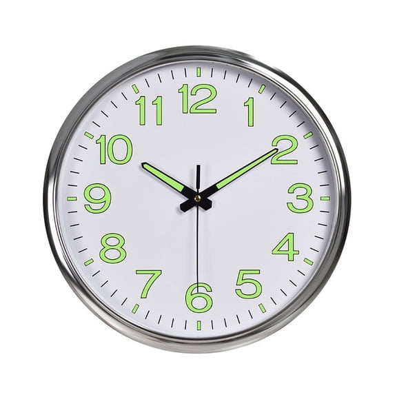 12'' Wall Clock Large Luminous Quartz Night Light Glow In The Dark Silent Home, Silver&White