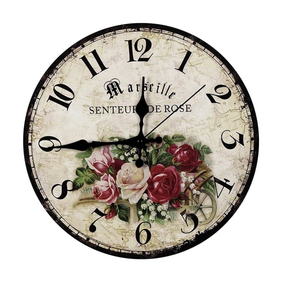 12" Wall Clock, Rustic Vintage Rose, Silent Sweep Movemen