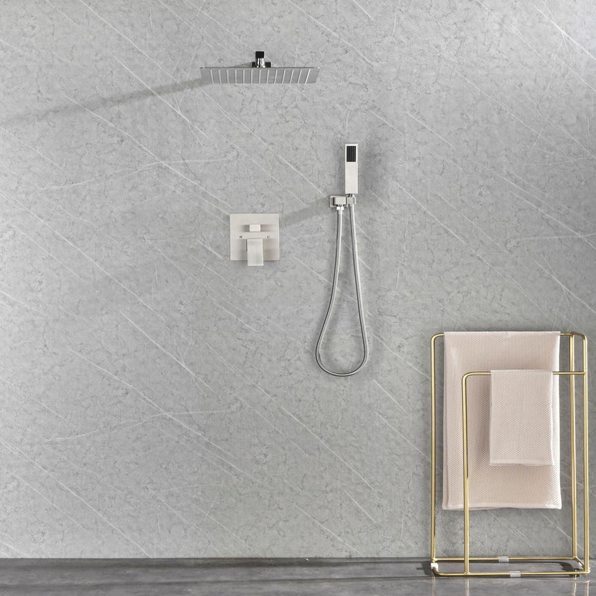 12" Wall-Mounted Rain Shower System – Brushed Nickel 304 Stainless Steel, Air-In Tech & Adjustable Shower Head, Low Pressure Optimized