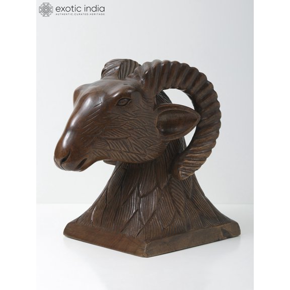12" Walnut Wood Carved Sheep Head from Kashmir | Home Decor