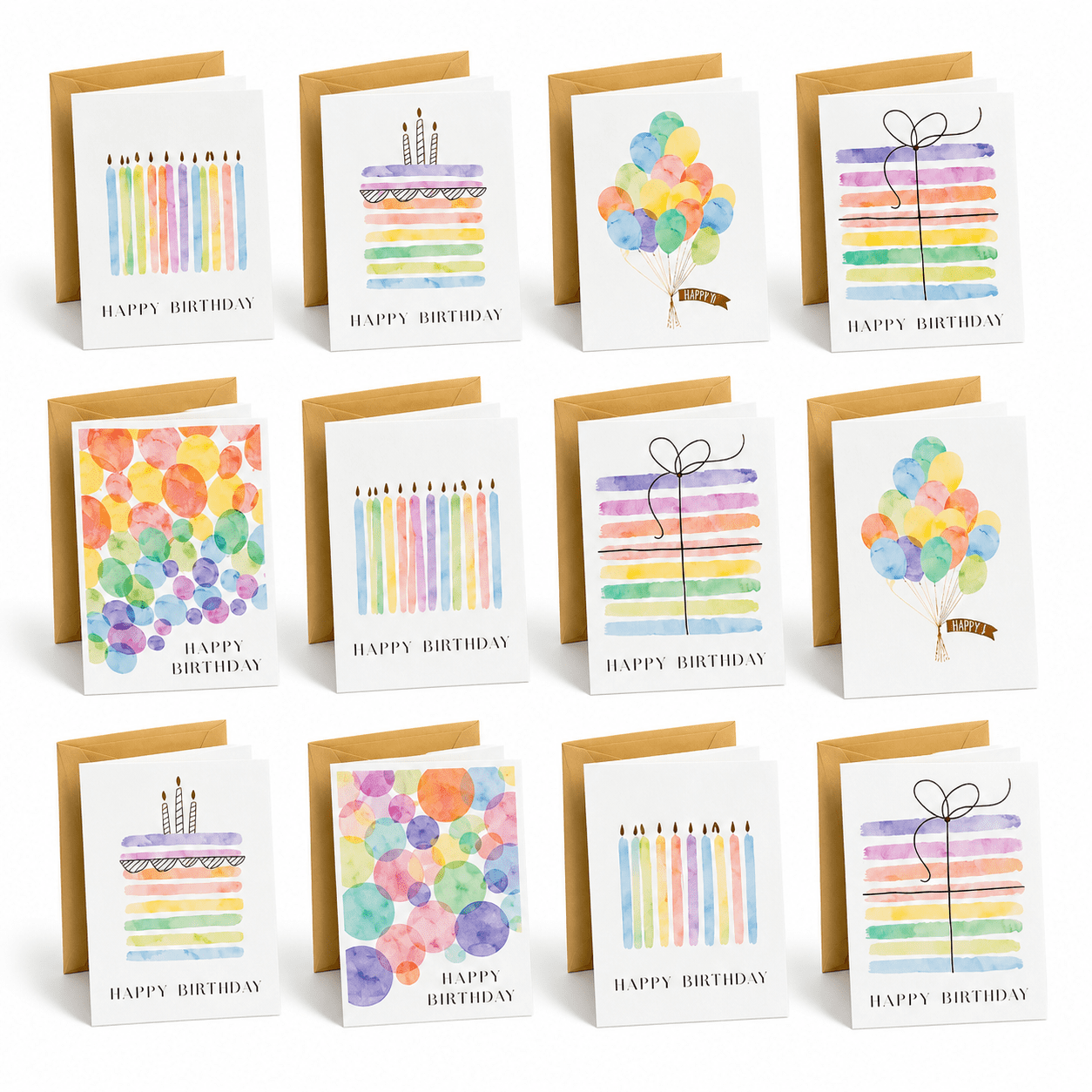 12 Watercolor Birthday Greeting Cards with 12 Kraft Envelopes, 24 Piece ...