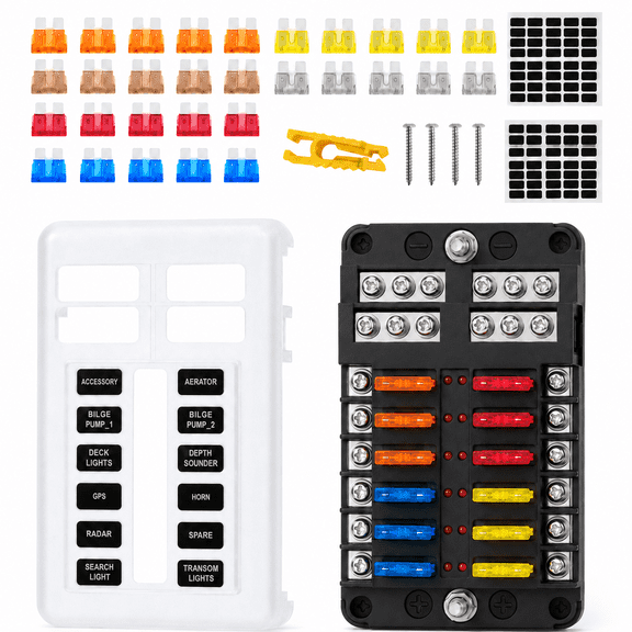 12-Way 12V Fuse Block Kit with LED Indicator Waterproof Fuse Box Holder Includes 30pcs Fuses for Marine, RV, Automotive, Car Truck