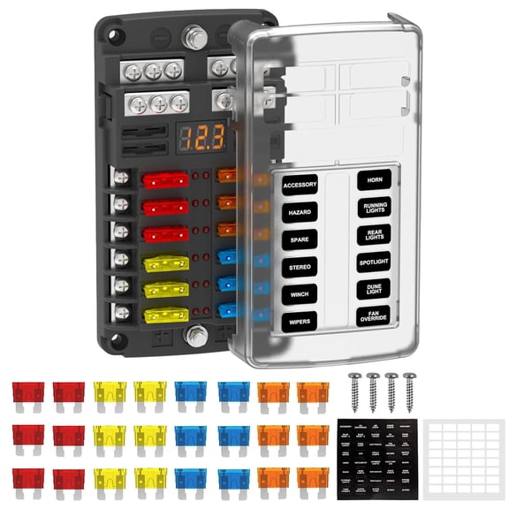 12 Way Fuse Block Box 12V/24V DC, ATC/ATO Fuse Panel with LED Display for Marine Boat Automotive Motorcycle