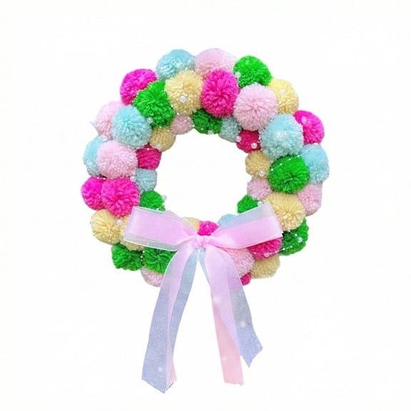 12" Whimsical Easter Wreaths Colorful Plush Balls - Spring Front Door Decor - Cute Pom Pom Wall Hanging - Kids Room Party Supplies - Festive Holiday Durable Wood Base Vibrant Outdoor Art