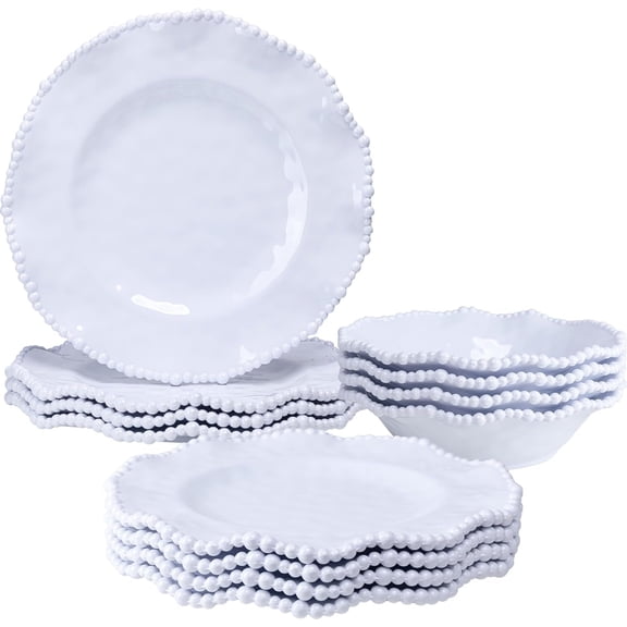 12- White Beaded Melamine Dinnerware Sets - Chip-Resistant Plates & Bowls, Dining Set includes 4 dinner, 4 Salad and 4 Bowl - Ideal for RV, Cabin, Daily Use
