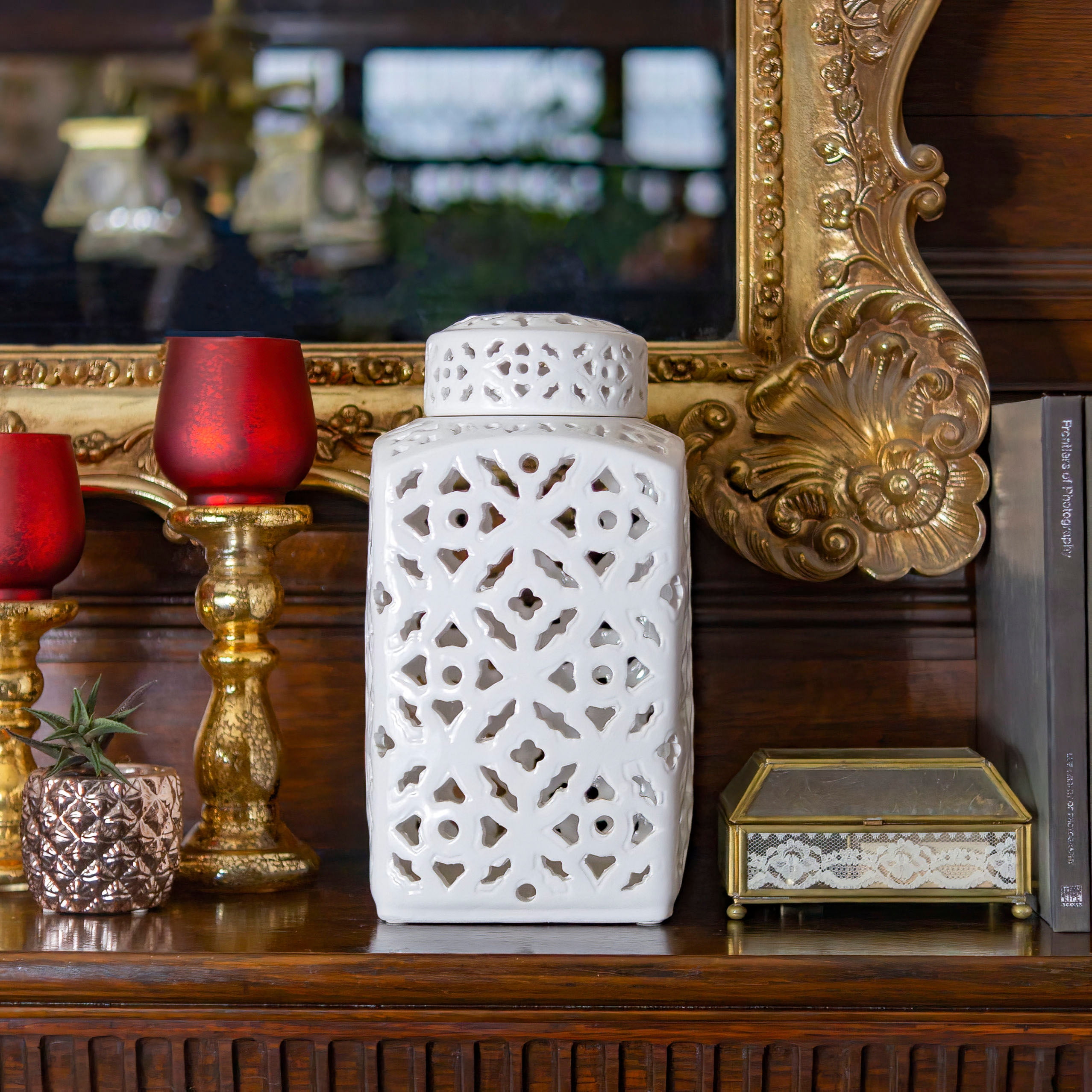 12" Glossy White Carved Ceramic Square Ginger Jar