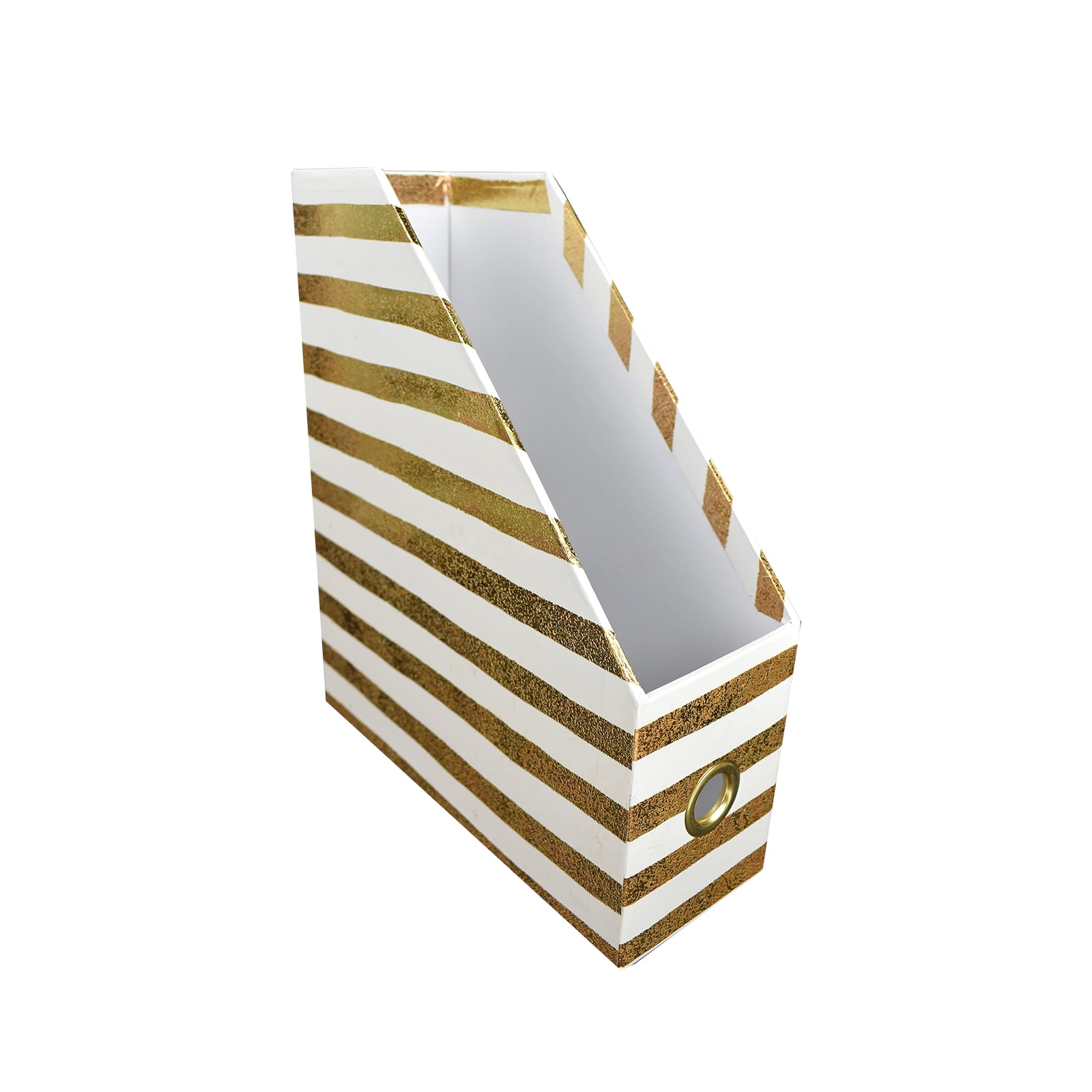 12" White and Gold Striped Decorative Magazine Bin