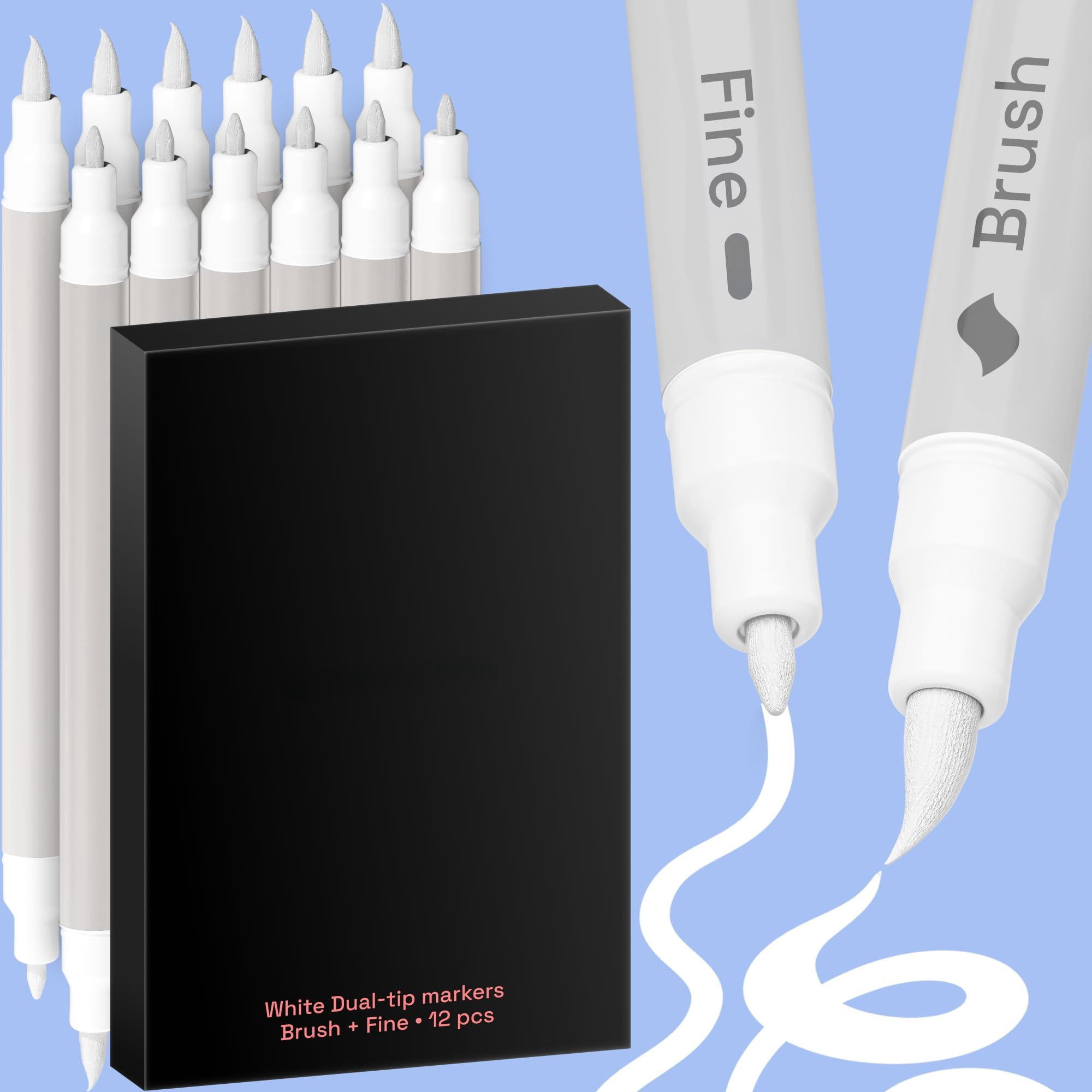 12 White Paint Markers - Pens For Drawing  Brush + Fine Tips Fabric Rock Glass Wood Diy Art & Craft Supplies Adults Teens Teacher Appreciation Gift