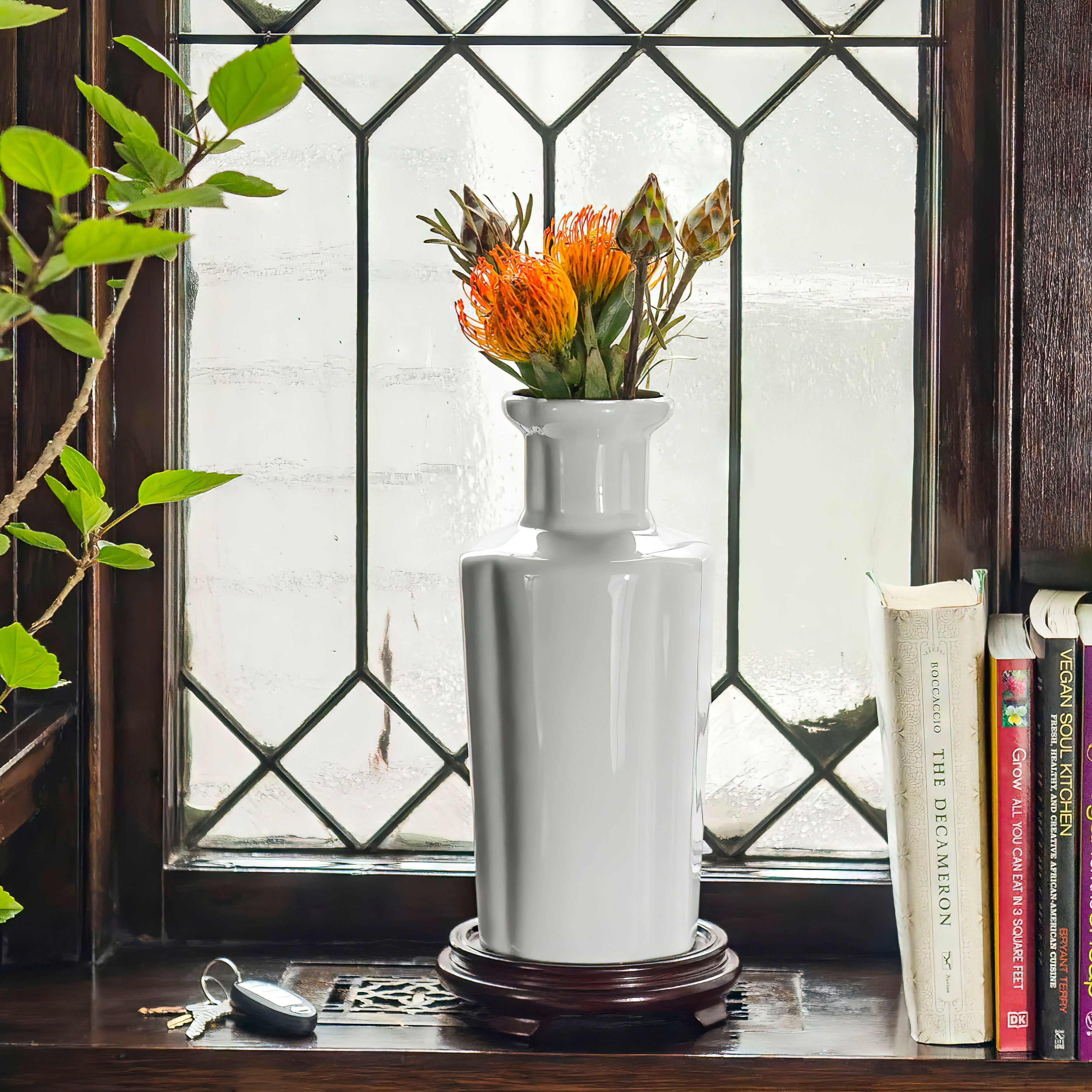 12" White Porcelain Round Decorative Vase