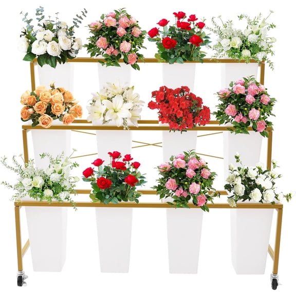 (12 White Square Buckets and Gold Frame, 3 Tier) Flower Display Stand, Flower Bar Cart Plant Stand with Wheels, Heavy Duty Rolling Plant Display Shelf, Flower Stand for Florist, Patio, and Garden