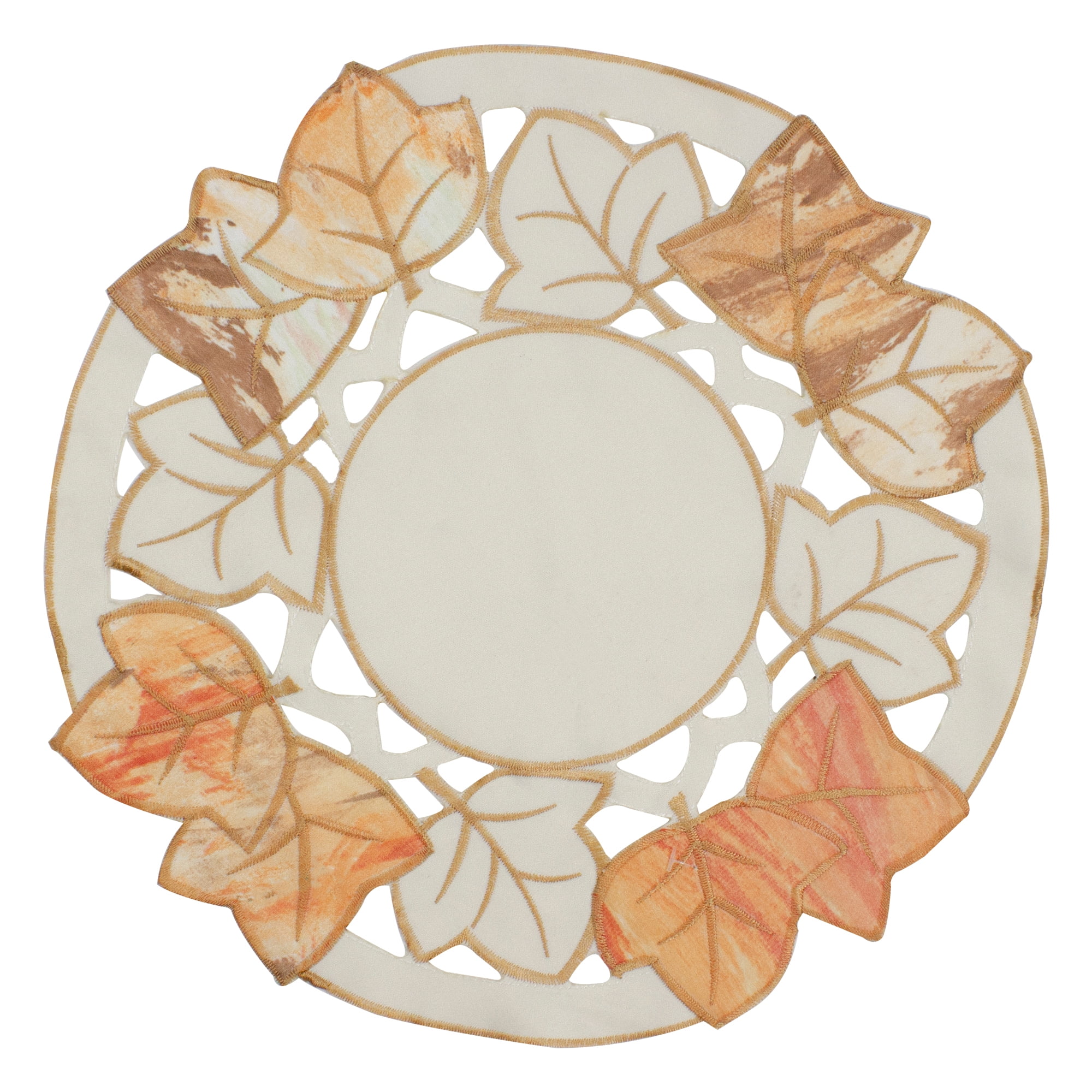 12" Autumn Elegance Embroidered Leaf Doily in White & Beige