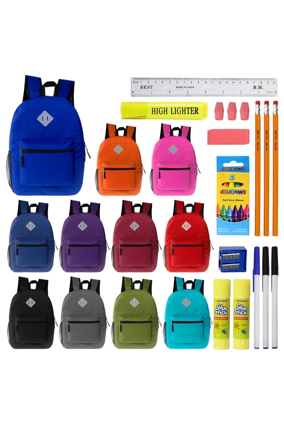 12 Wholesale 17" Diamond Patch Backpacks in Asst Colors & 12 Bulk School Supply Kits (22 Piece)