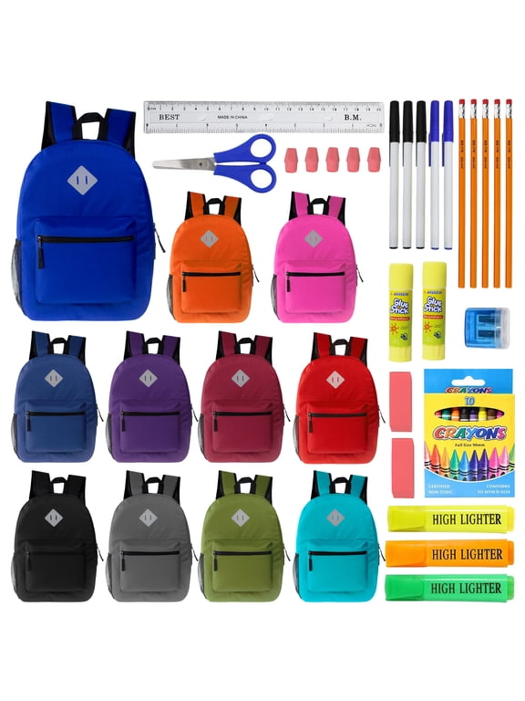 12 Wholesale 17" Diamond Patch Backpacks in Asst Colors & 12 Bulk School Supply Kits (36 Piece)