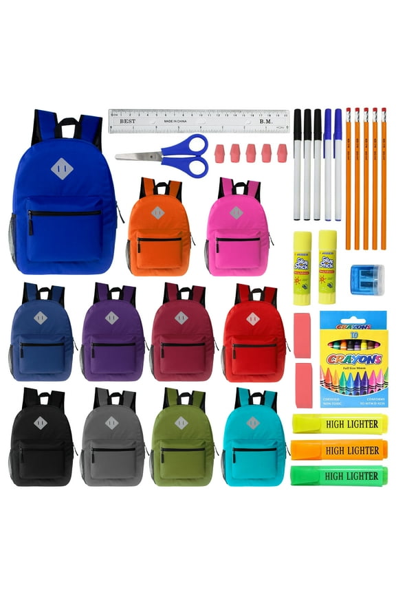 12 Wholesale 17" Diamond Patch Backpacks in Asst Colors & 12 Bulk School Supply Kits (36 Piece)