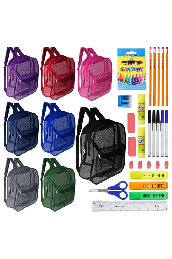 12 Wholesale 17" Mesh Backpacks in Assorted Colors & 12 Bulk School Supply Kits (36 Piece)