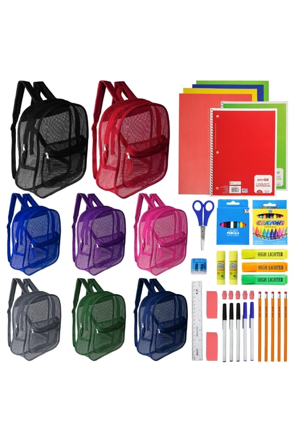 12 Wholesale 17" Mesh Backpacks in Assorted Colors & 12 Bulk School Supply Kits (52 Piece)