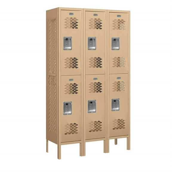 12" Wide Double Tier Vented Metal Locker - 3 Wide - 5 Feet High - 12 Inches Deep - Tan - Unassembled