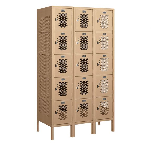 12" Wide Five Tier Box Style Vented Metal Locker - 3 Wide - 5 Feet High - 18 Inches Deep - Tan - Assembled