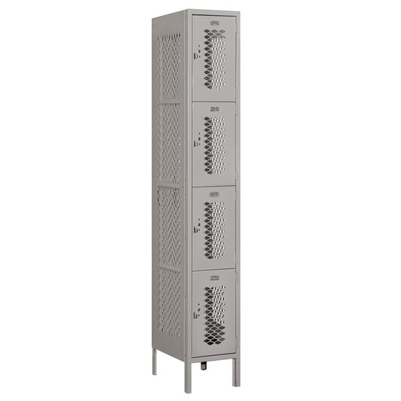12" Wide Four Tier Vented Metal Locker - 1 Wide - 6 Feet High - 18 Inches Deep - Gray - Unassembled