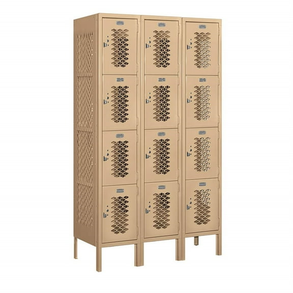 12" Wide Four Tier Vented Metal Locker - 3 Wide - 5 Feet High - 15 Inches Deep - Tan - Assembled