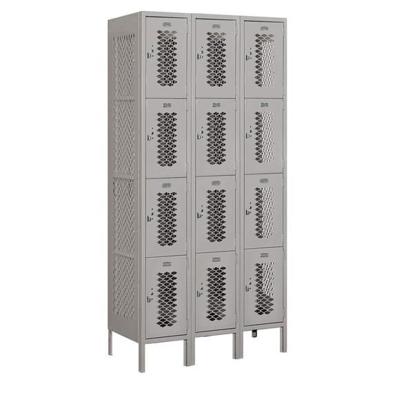 12" Wide Four Tier Vented Metal Locker - 3 Wide - 6 Feet High - 18 Inches Deep - Gray - Unassembled