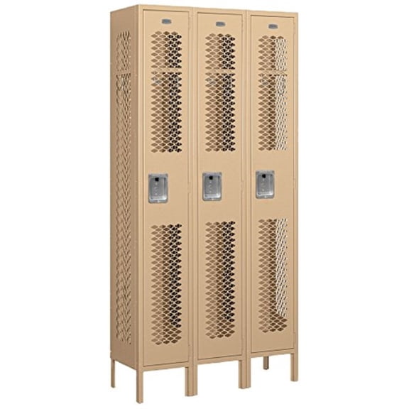 12" Wide Single Tier Vented Metal Locker - 3 Wide - 6 Feet High - 12 Inches Deep - Tan - Unassembled