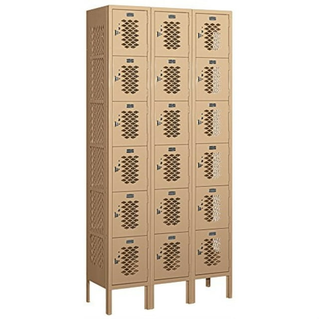 12" Wide Six Tier Box Style Vented Metal Locker - 3 Wide - 6 Feet High - 12 Inches Deep - Tan - Assembled