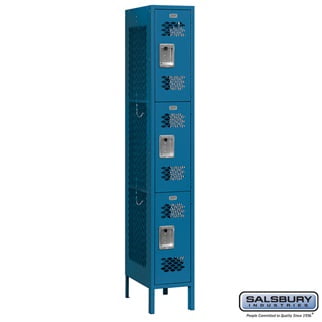 Vented Metal Locker - Triple Tier - 1 Wide - 6 Feet High - 15 Inches Deep - Blue - Assembled