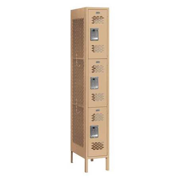 Vented Metal Locker - Triple Tier - 1 Wide - 6 Feet High - 18 Inches Deep - Tan - Assembled