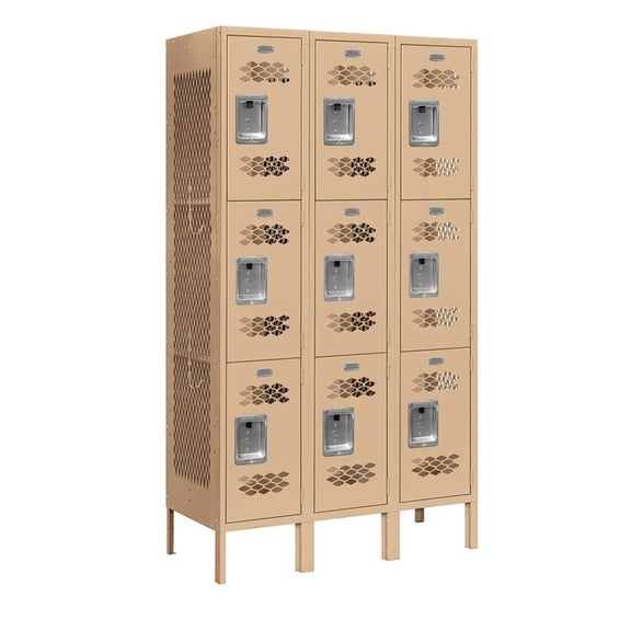 12" Wide Triple Tier Vented Metal Locker - 3 Wide - 5 Feet High - 15 Inches Deep - Tan - Assembled