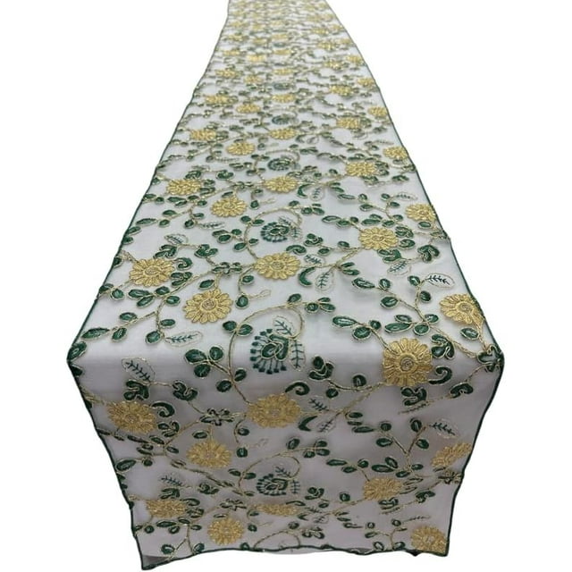 12" Wide X 90" Long Metallic Embroidery Lace Table Runner Wedding Decoration ( Green On Ivory ...