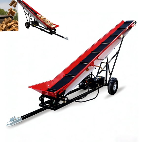 12" Width PVC Belt Firewood Conveyor, 118" Max Height, 6.5HP Heavy Duty Firewood Processor, Gas Powered Wood Elevator with B&S Engine, 208cc Gasoline Powered Max, EPA Certificated, Red