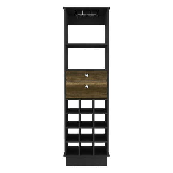 12 Wine Bar Display Cabinet - Black/walnut, 2 Drawers, 1 Shelf, 15.52 In. Deep, Quality Particle Board Construction