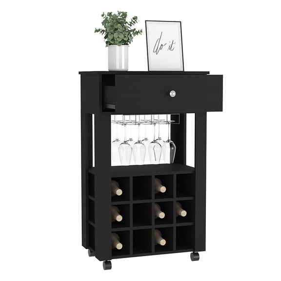 12 Wine Cubbies with Open Shelf, Black Particle Board / Perfect for Wine Display in Kitchen