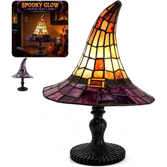 12" Witch Hat Lamp for Halloween Decorations, Stained Glass Style Resin Light, USB Powered for Indoor Gothic Decor, Spooky Accent for Bedrooms and Mantels