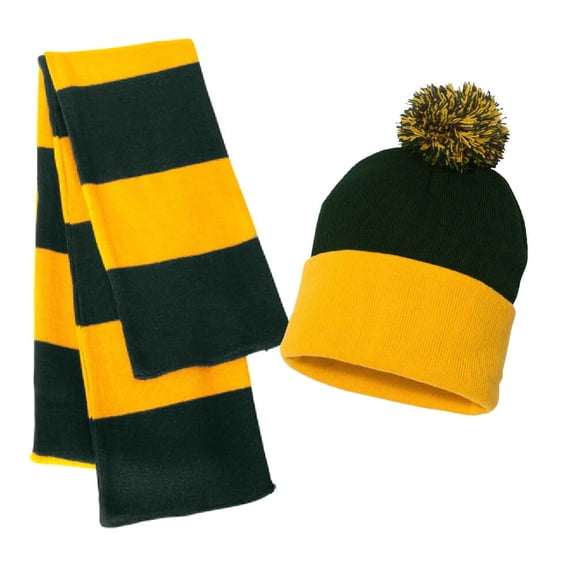 COUVER Unisex Scarf Beanie Hat Set Collegiate Rugby Stripe Winter Scarf Cap Set, Dark Green/Golden Yellow